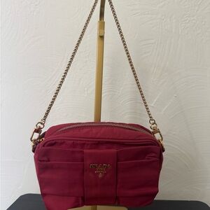 Prada Burgundy Nylon Crossbody with Gold Chain Strap